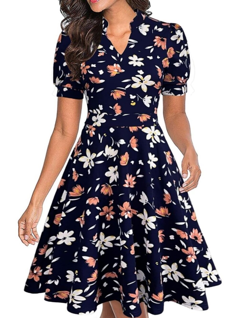 Women's Floral Print Fit & Flare Midi Dress Puff Sleeve with Pockets